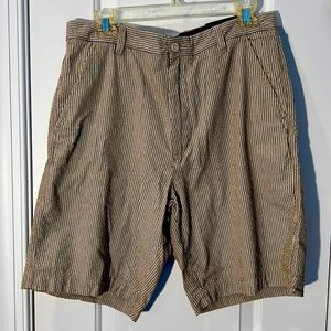 New with tags, men’s seersucker, Tan, dark brown and cream striped shorts